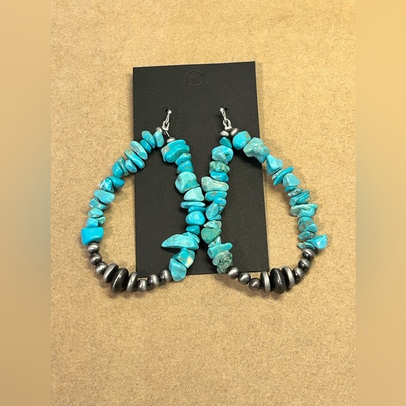 #446 | Turquoise & Navajo Pearl Teardrop Dangle Earrings - Picture 3 of 3